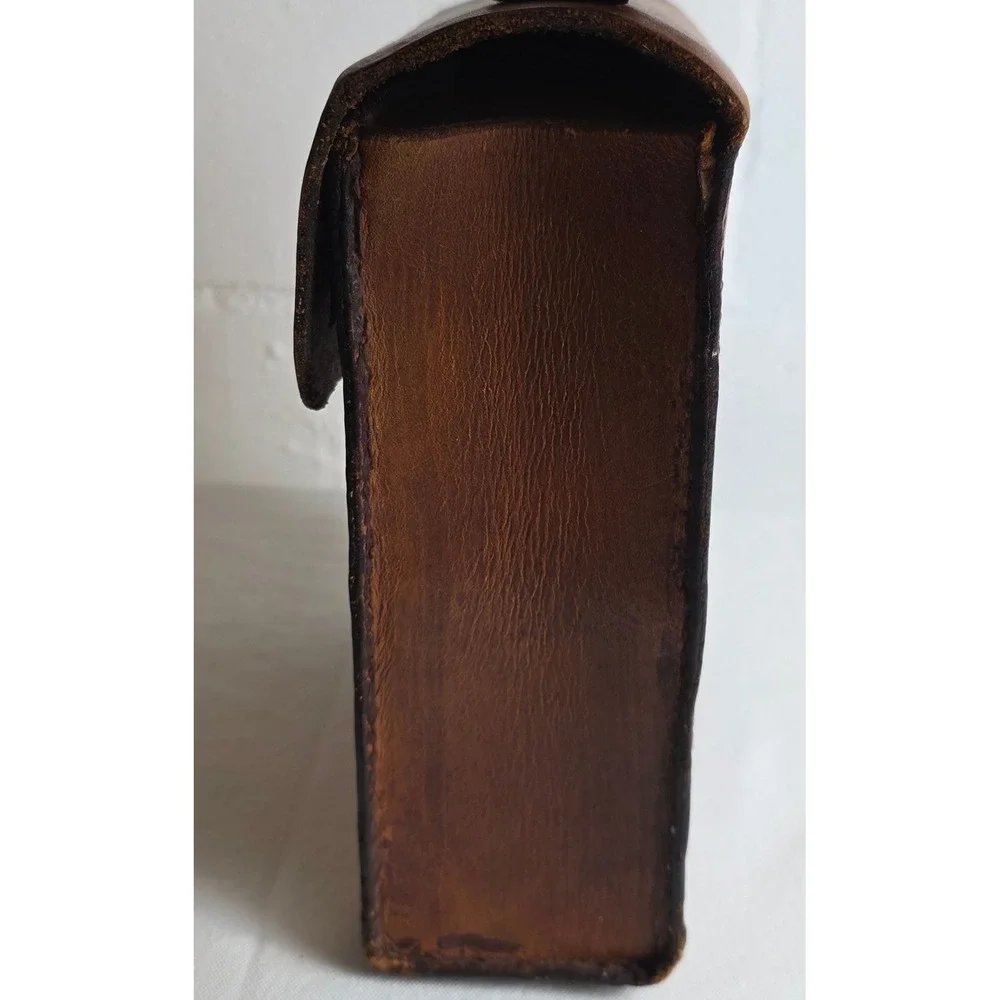 Vintage Handmade Leather Satchel Boxy Field Bag Cognac Brown Hand Stitched